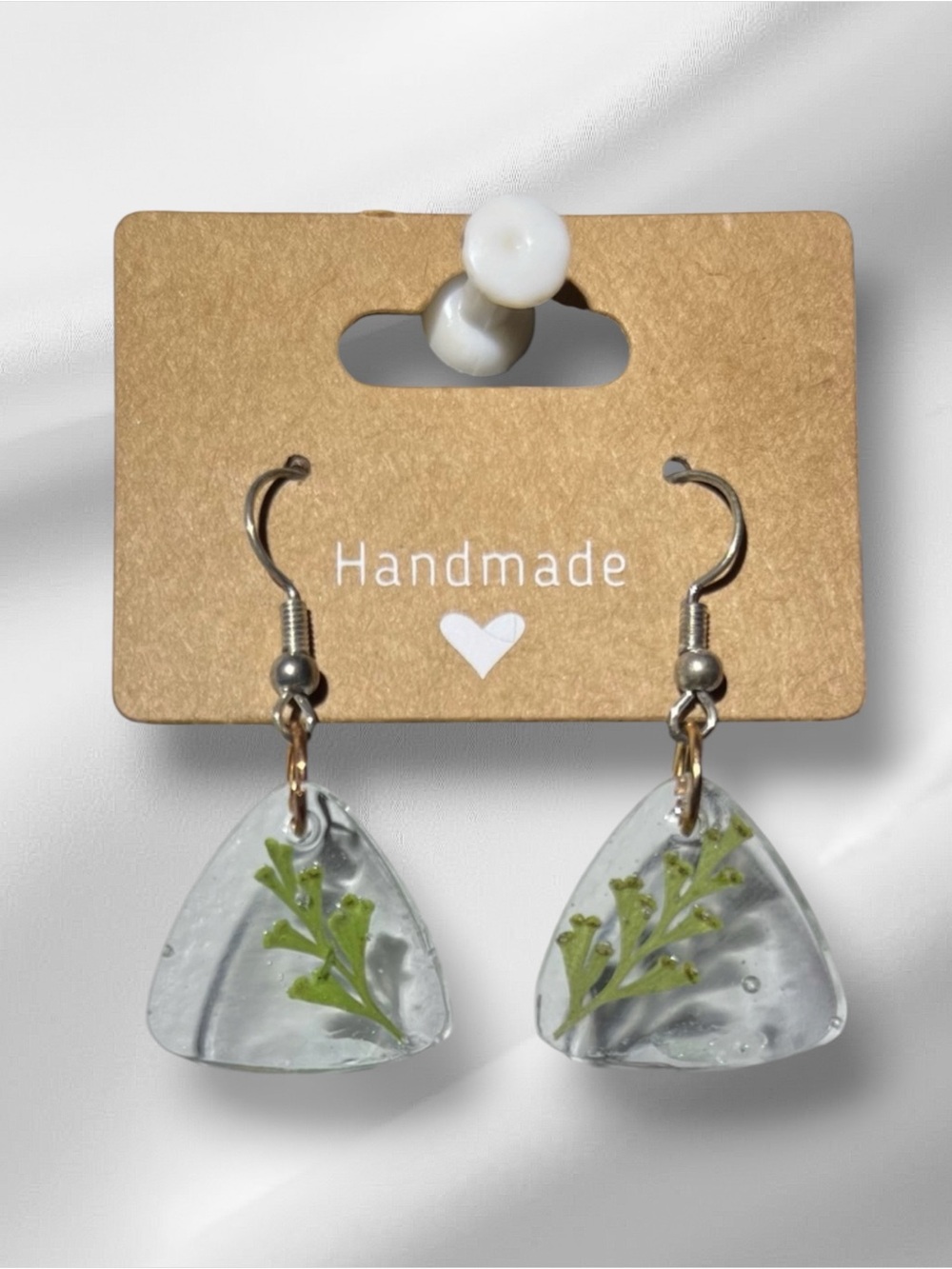 Handmade Clear Resin Earrings with Green Leaf Design